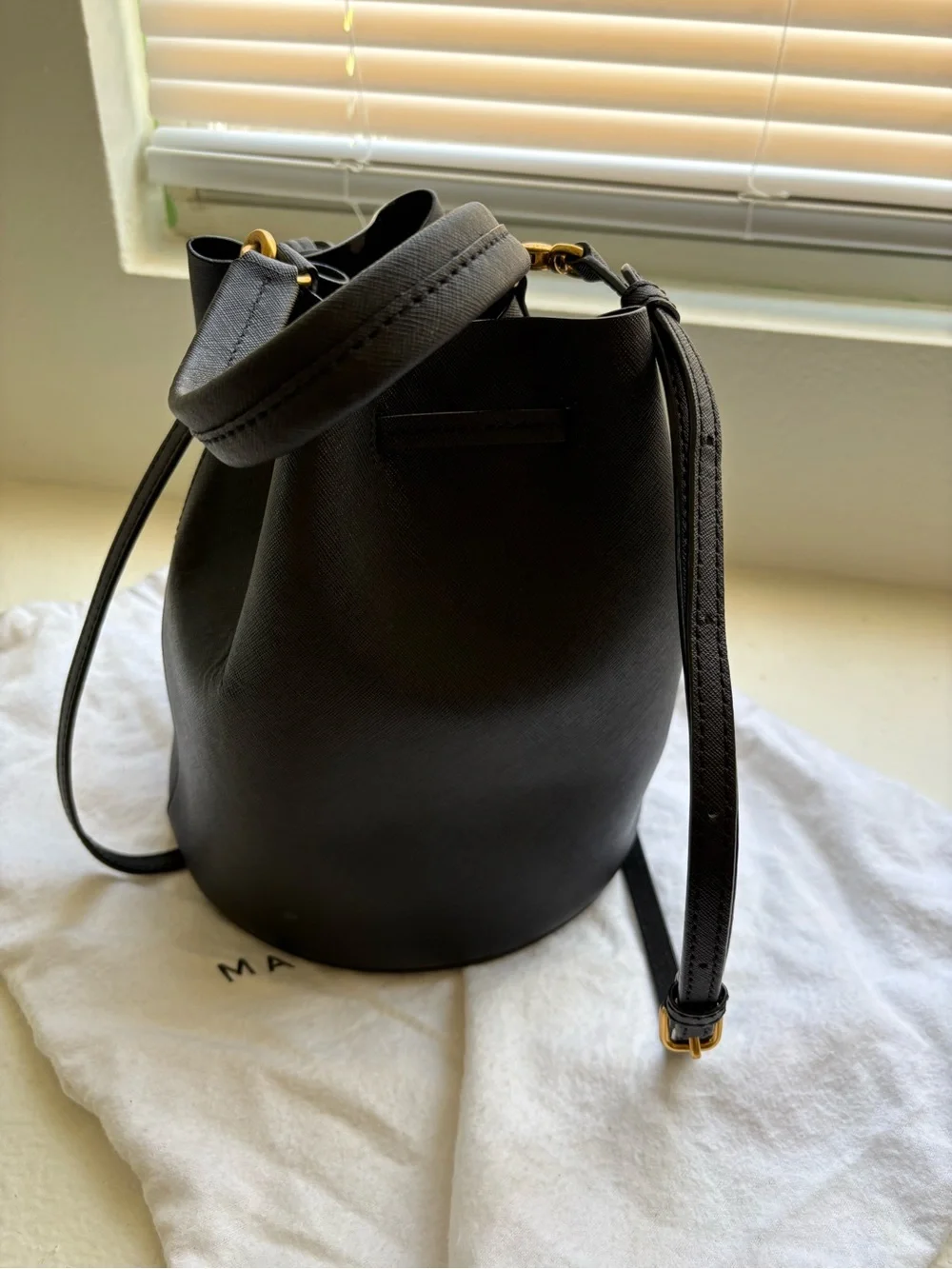 Marc Jacobs Black Leather Drawstring Bucket Crossbody with Gold Hardware